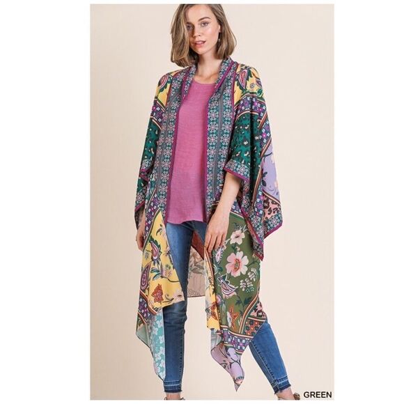 𝅺MIXED Scarf Print Angel Sleeve Open Front Kimono - Picture 7 of 10